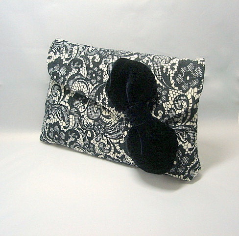 Womens Handmade Clutch Bag Purse, Black White Floral Lace Fabric, Velvet Bow, Bridesmaid Gift Idea,  Made in UK