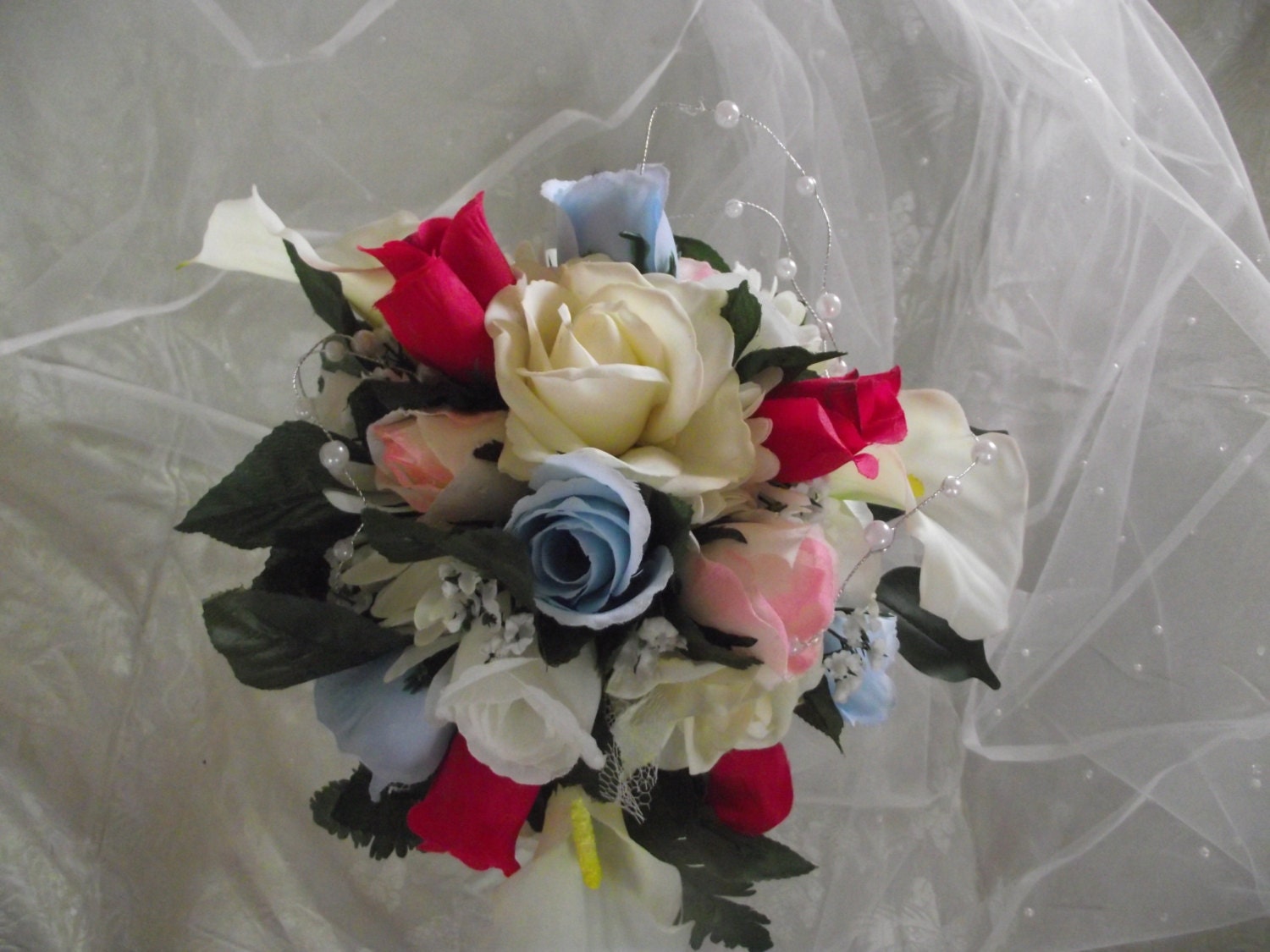 Spring, Summer Wedding Bouquet Package, White, Blue, Pink, Roses and Calla Liliy Round Bouquet, with Boutonnieres and Corsages, 8 Piece
