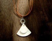Simple Geometric Ceramic Jewelry - White porcelain necklace & sterling silver and Brown suede leather- Two triangular shapes