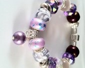 European Style Bracelet. Silver plated snake chain Bracelet with Purple crystal and Lampwork beads