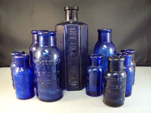 Cobalt Blue Glass Medicine Bottle Collection POISON and Seltzer - randomandrare1