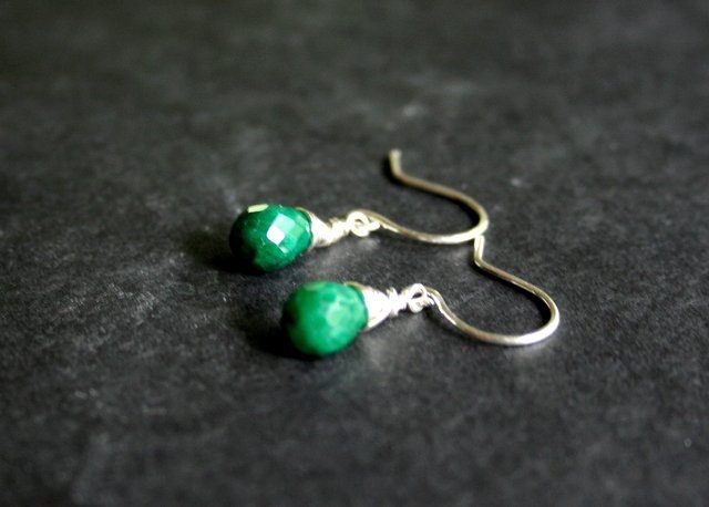 Emerald Drop Earrings in Sterling Silver Tiny Genuine Emerald Earrings - May Birthstone