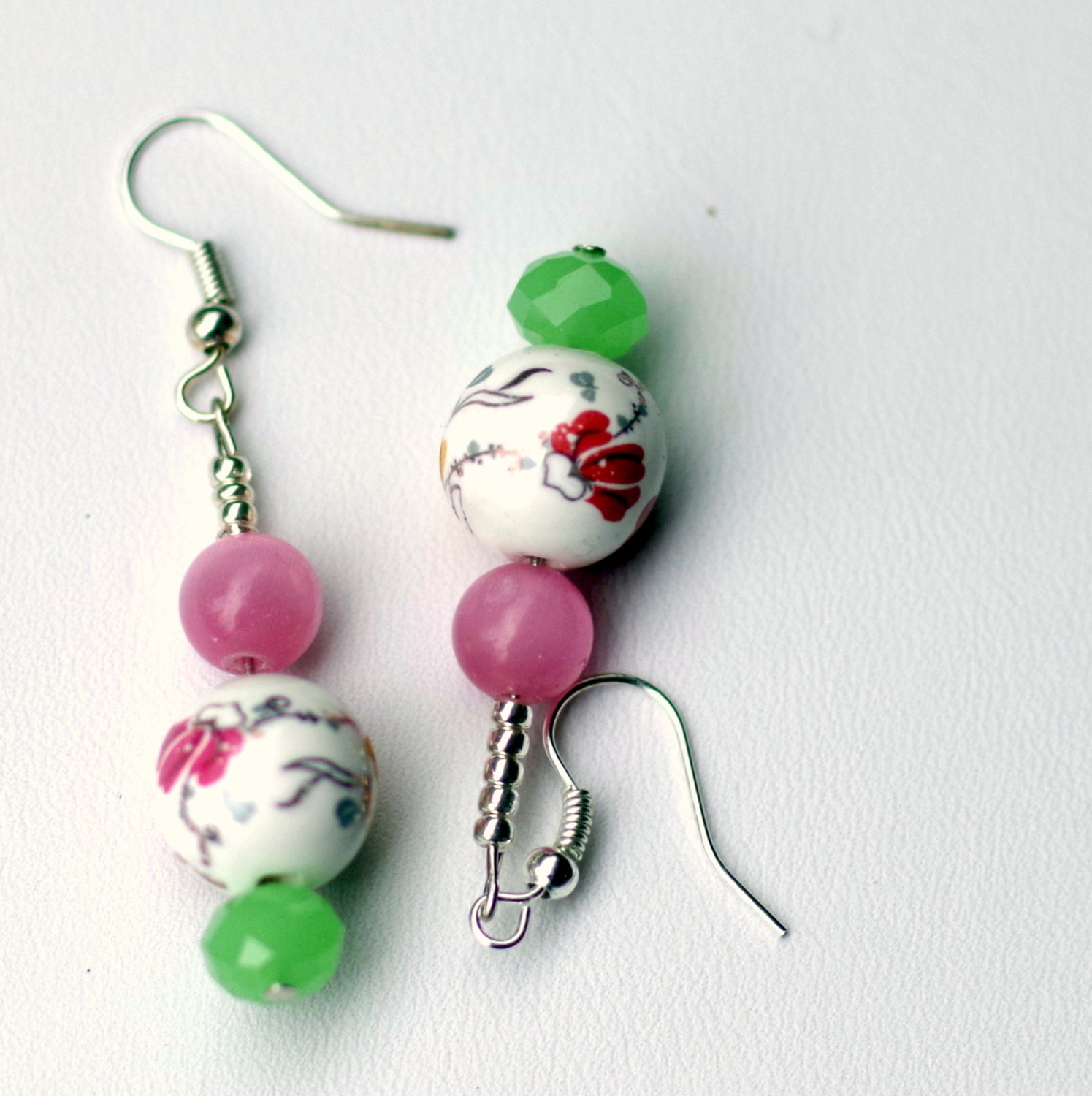 Spring Pastel Floral Dangle Earring/ Victorian Romantic White Pink Green Earrings/ OOAK