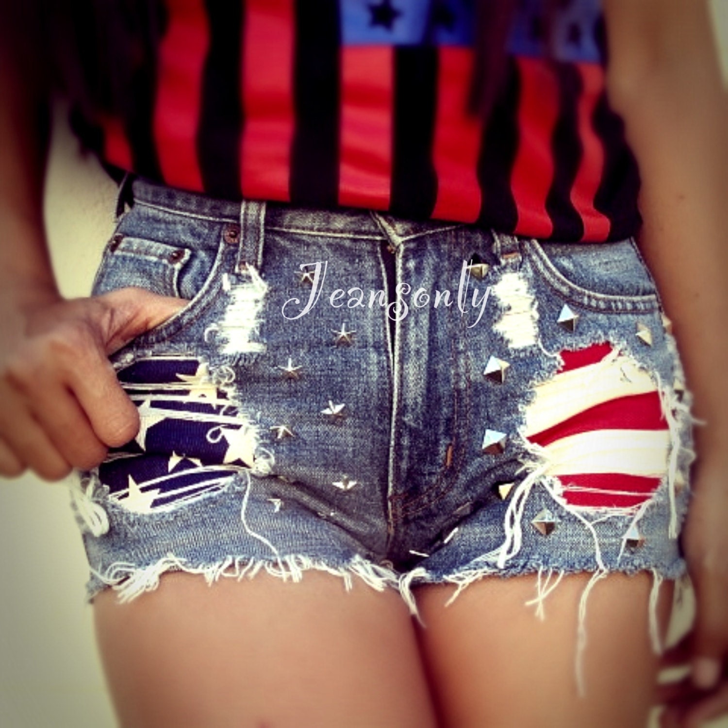 American flag shorts,High waist jean shorts,studded shorts by Jeansonly