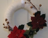 10" Christmas Poinsettia Wreath - READY TO SHIP - White Yarn Holiday Wreath w/ Red, Burgundy, Green Eco-Friendly Felt, Gold Berries