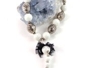 WHITE AGATE HANDMADE necklace, white natural stone, holiday party chunky statement funky young necklace with black lace