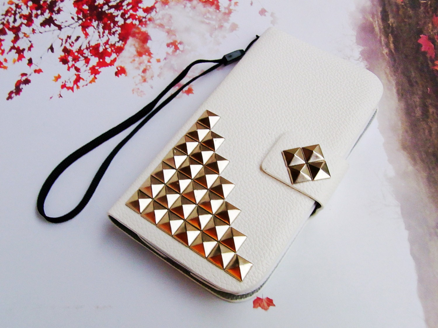 Credit Card Holder Strap Wallet Flip Deluxe Leather skin 3D Metal Studded Trim Russian Puzzle Case Cover for Samsung Galaxy S3 i9300 White