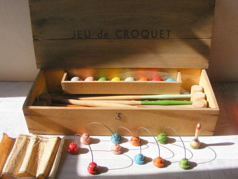 Beautiful French Vintage TABLE CROQUET wooden game.