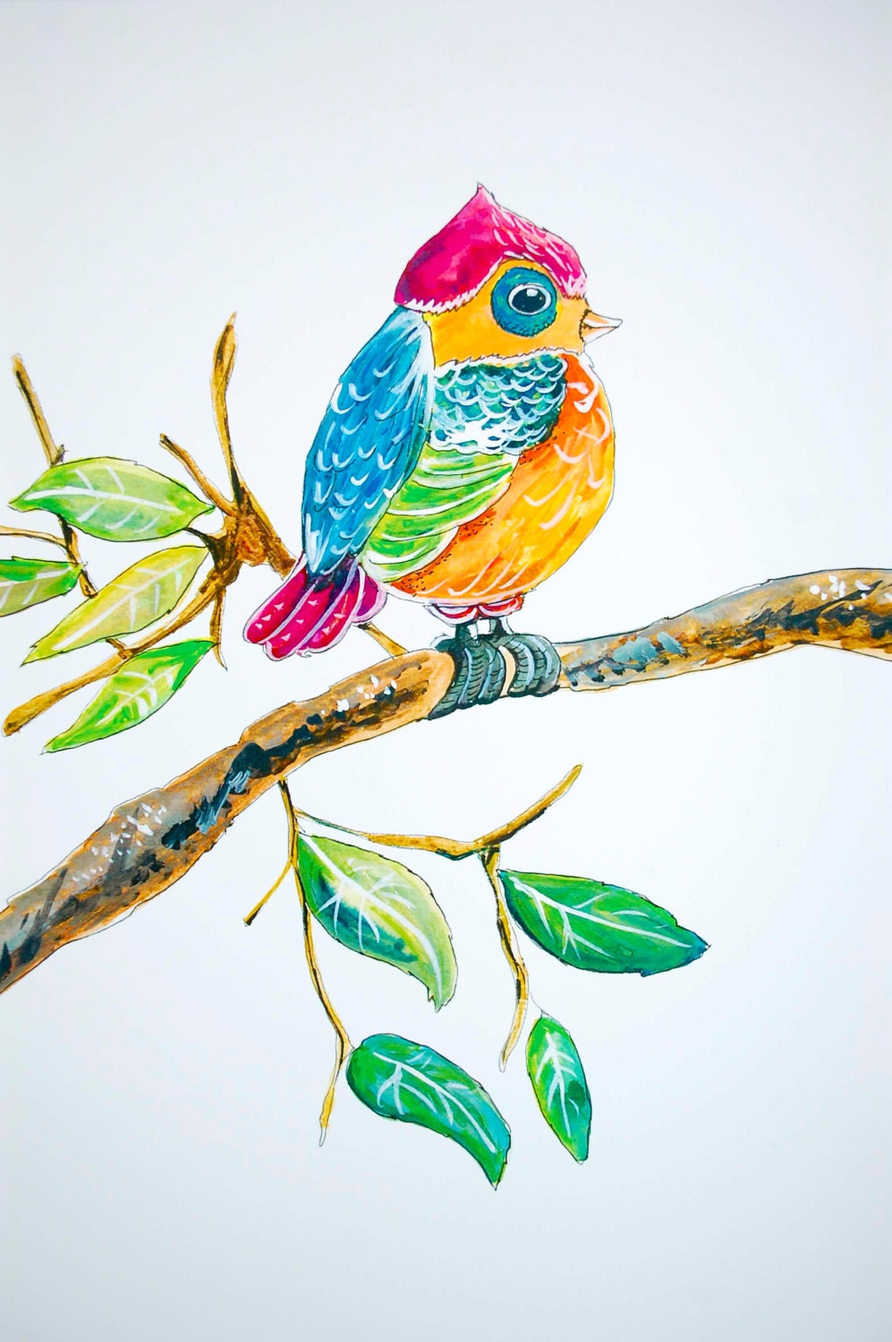 Bird on a Tree Branch - Archival Print - Original Gouache Illustration