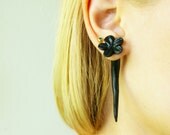 Pair of Real Custom Gauges Plugs 0g, 00g, 7/16, 1/2, 9/16, 5/8, 3/4, 7/8, 1 inch earrings black flower polymer clay , handmade