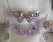 Hand Painted Wine Glasses - Glasses painted with lavender and purple and white rosebuds. "Exquisite Glassware" "FREE SHIPPING"