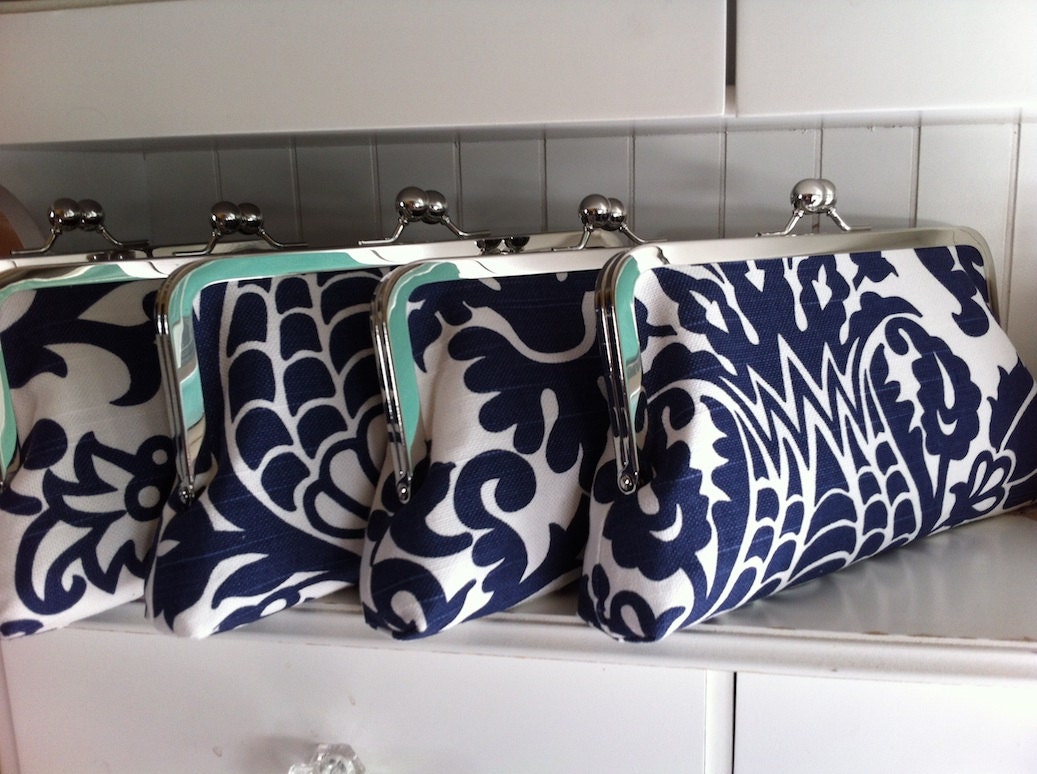 Set of 7, Bridesmaid Clutches, Bridesmaid Gifts, Custom Personalized Labels, Navy or Choose Your Colors