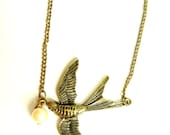 SALE pearl beaded  bronze bird charm pendant necklace - boho chic womens jewelry gift