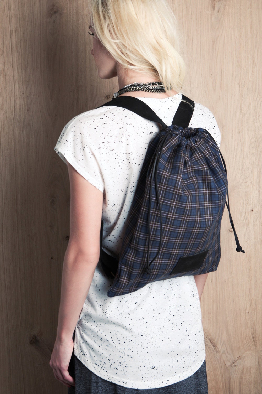 Blue cinch sack drawstring tote backpack. old school hipster bag for women, Plaid blue duffle, gift for her