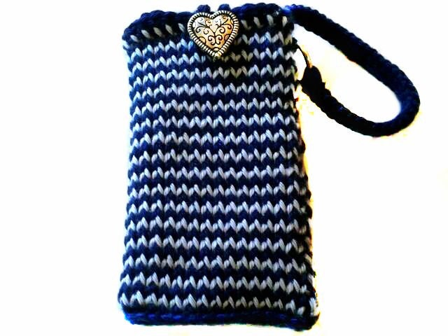 Navy & Light Blue Phone Pouch with Strap, Heart Bling Lg Htc Dna Wristlet by Knit Blossom apt