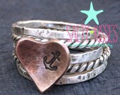 My anchor ring - Sterling silver and copper heart mixed metal twist rope nautical band hammered stacking jewelry
