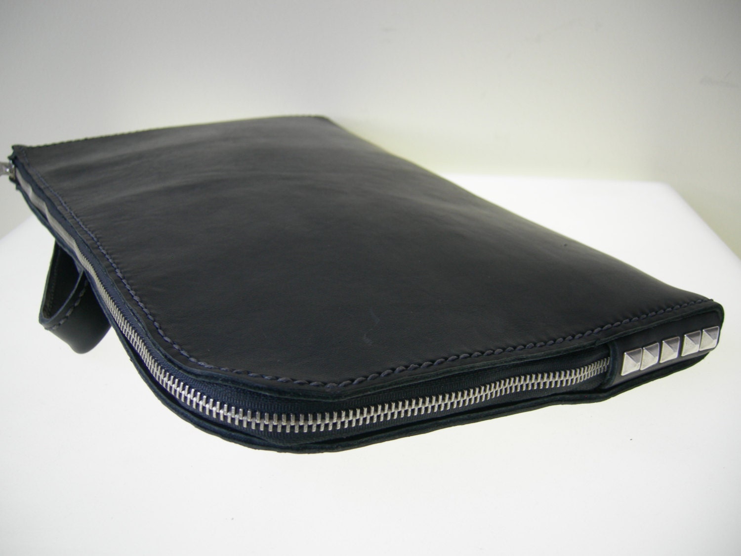 Clutch Bag. Artisan Genuine Leather . Black old silver studded bag