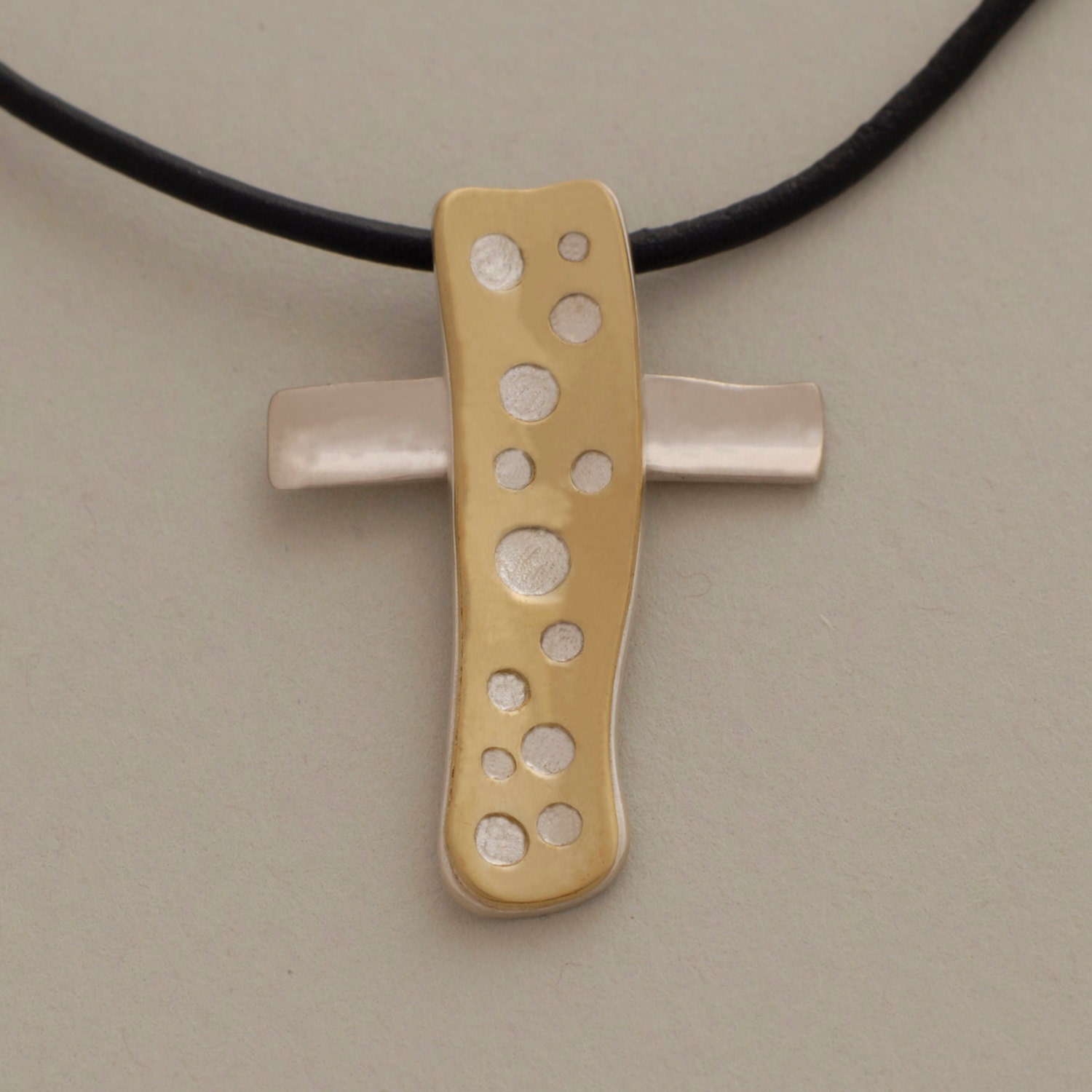 Cross in rubber cord, modern cross for  men - women, silver and brass or copper, gift under 50 usd, mixed metal jewelry ST635
