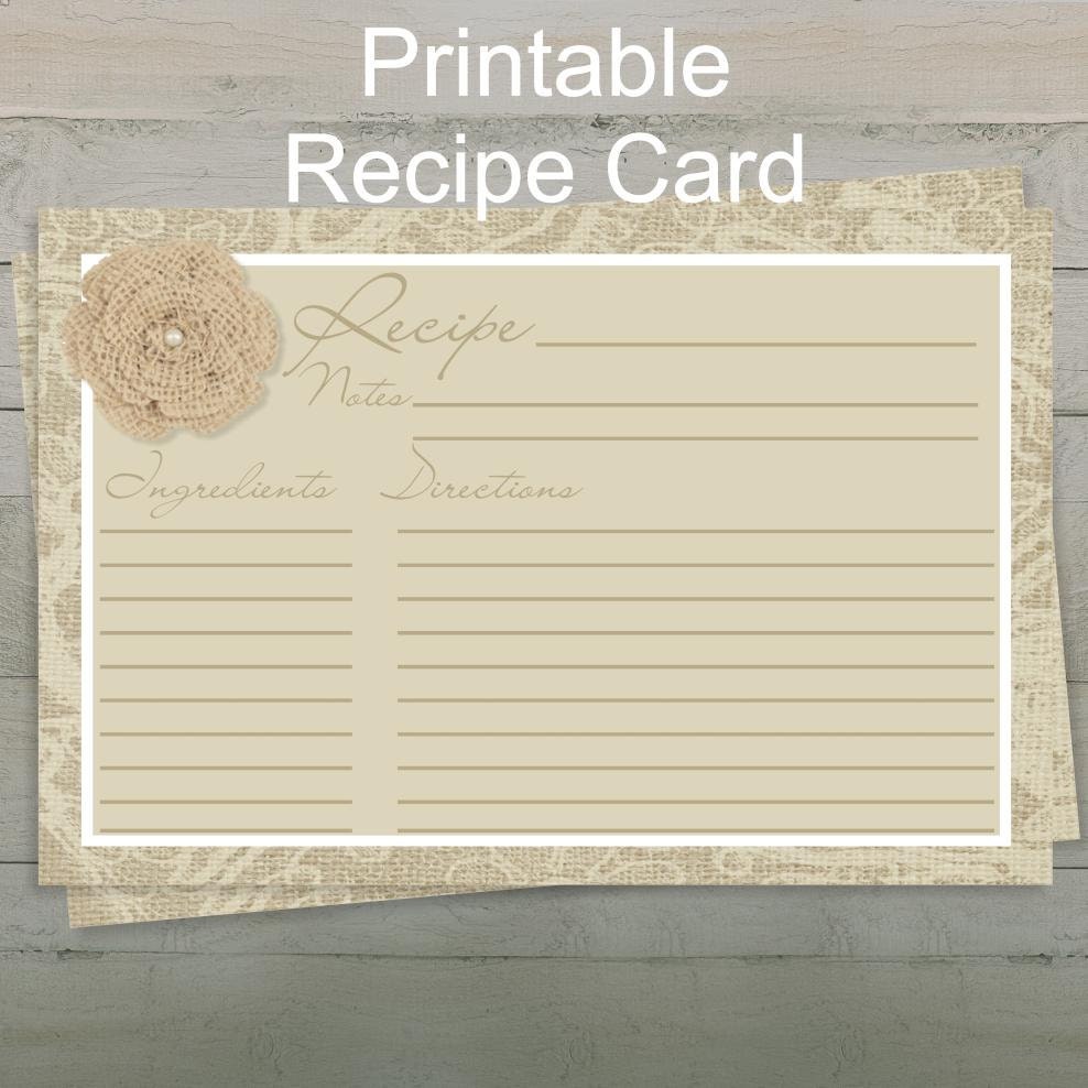 Bridal Shower Recipe Card, Bridal Shower Game, Printable Recipe Card, Blank Recipe Card, Rustic