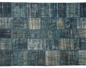 Blue Over Dyed Patchwork Rug  9.7 x 7 feet ( 295 x 212 cm) Handmade from rectangular tiles of Vintage Turkish Rugs-AA4