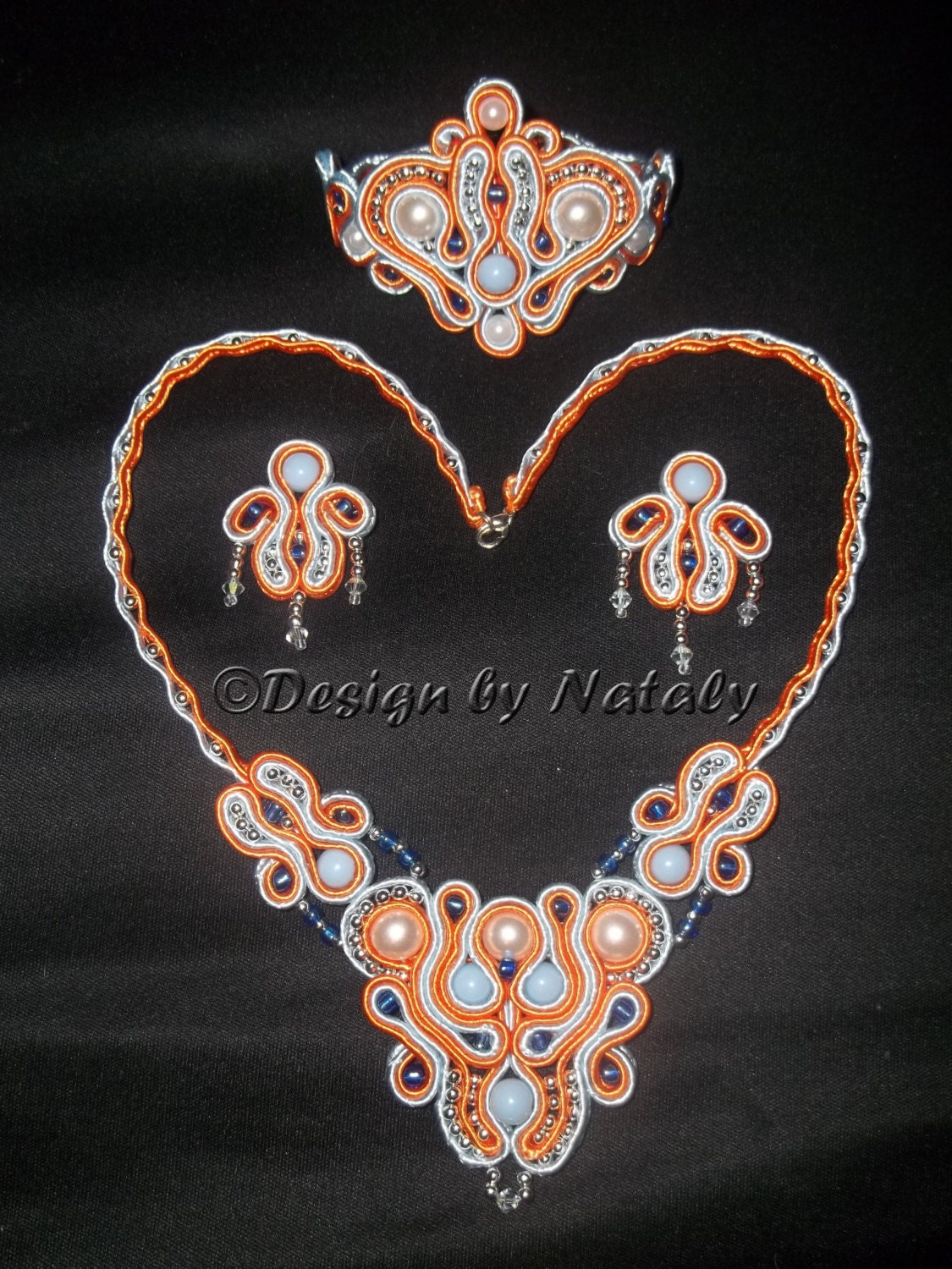 OOAK Soutache Jewelry Set Of Earrings  Bracelet Necklace Orange Blue White