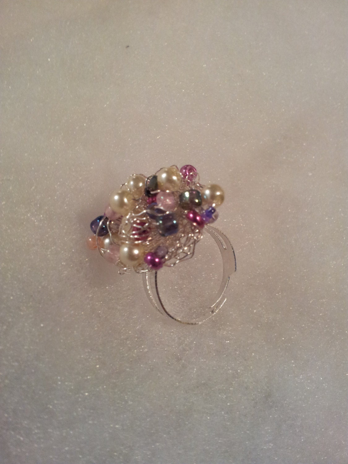 Beautiful Vintage Ooak Shabby Chic Beaded  Wire Nest Ring - Adjustable Ring