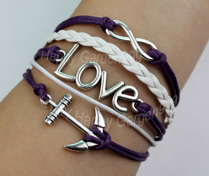 Silvery Anchor Bracelet,Love Bracelet,Infinity Karma Bracelet,Wish Bracelet,Purple Rope Bracelet,Best Gift.