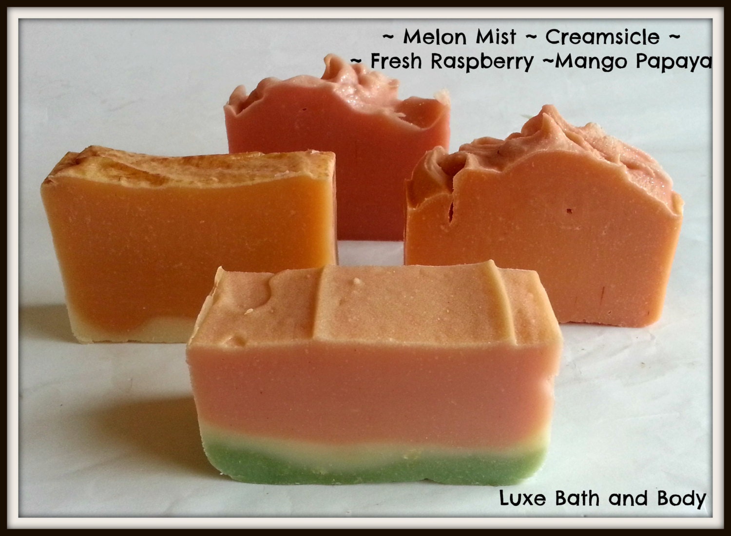 4 Springtime Scented Luxe CP Soaps Luxurious Olive Oil and Shea Butter 5 oz.Bars Creamsicle, Fresh Raspberry,Mango Papaya, Melon Mist