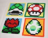 4 x 8 bit mario Coasters hama perler beads yoshi egg green shell red flower mushroom nintendo