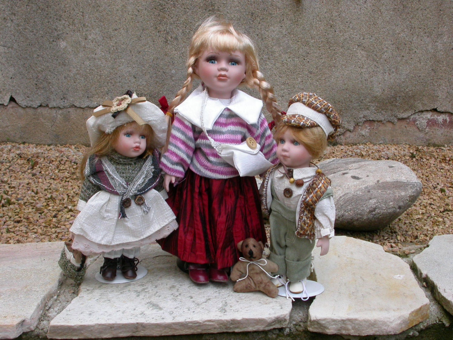 French Vintage  4Pcs  doll  dress bag hat boy girl porcelain doll dancer bellet gold hair doll bear shoes