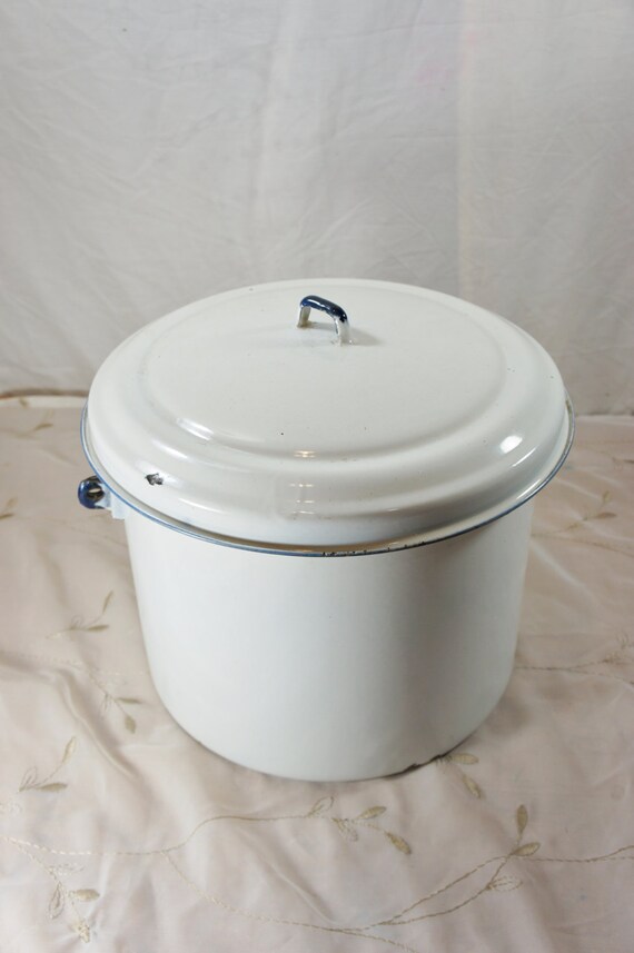 white enamel canning pot with lid navy trim decor by gleaned