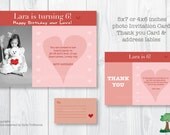 Custom Printable  Birthday Party Photo Invitation set -  Love theme. Birthday Invitation. Thank you card. Labels. Party