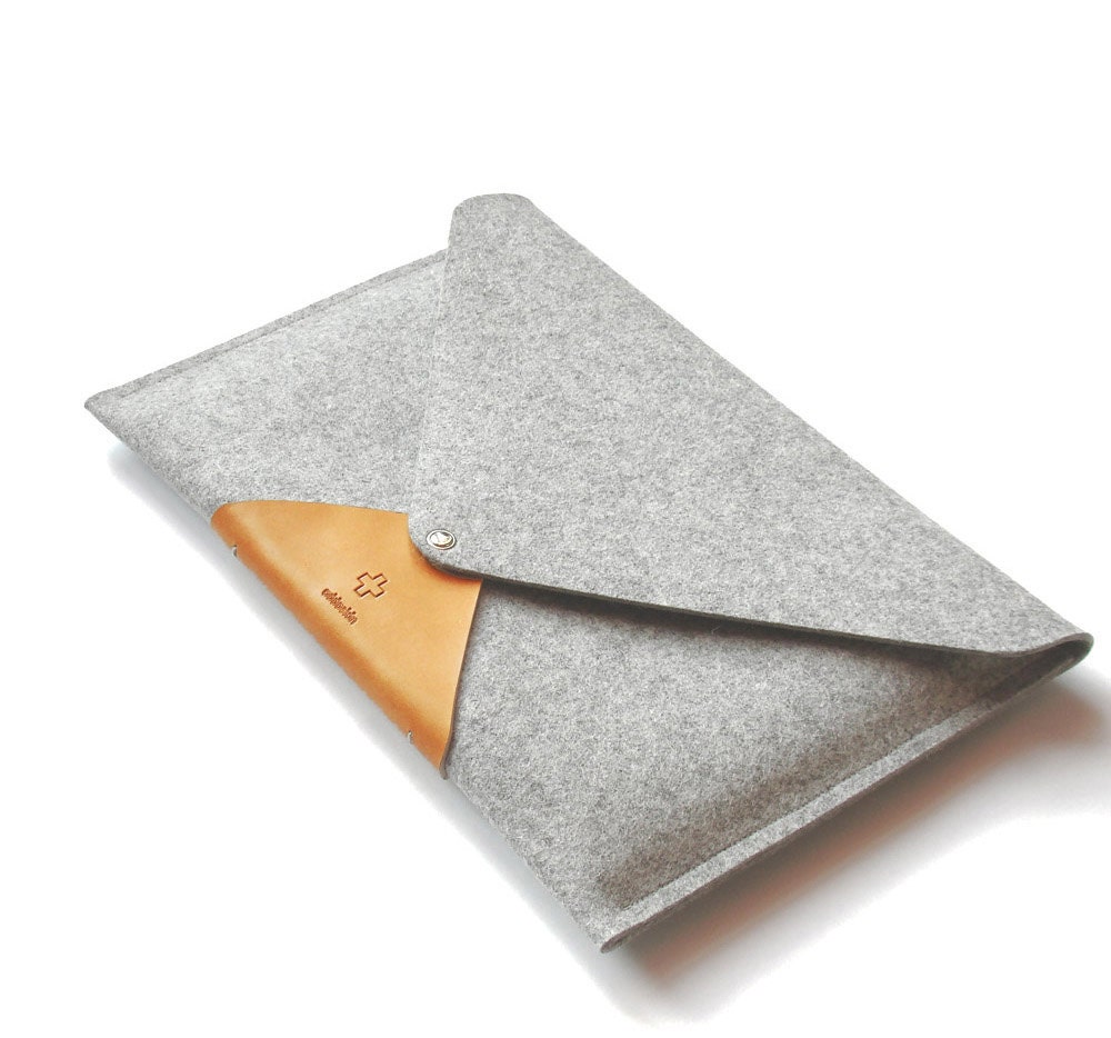 MacBook 13" AIR sleeve simple case classy modern envelope clutch 100% top quality wool felt grey light brown leather