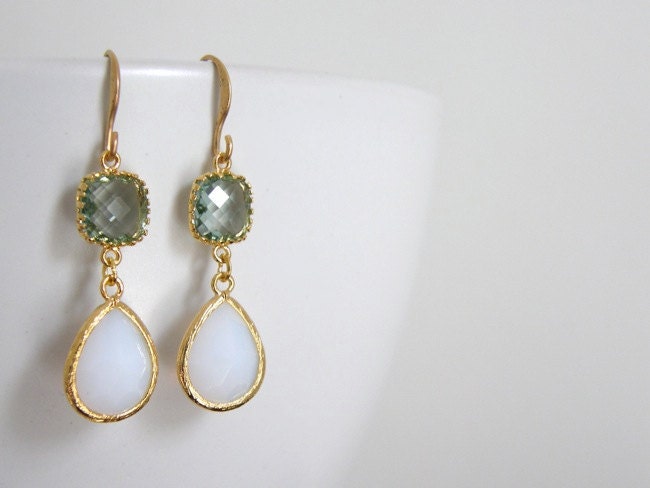 Jonquil and Opal Glass Drop Earrings, Dangle Earrings, Mom Gift, Wedding Jewelry, Anniversary Gift