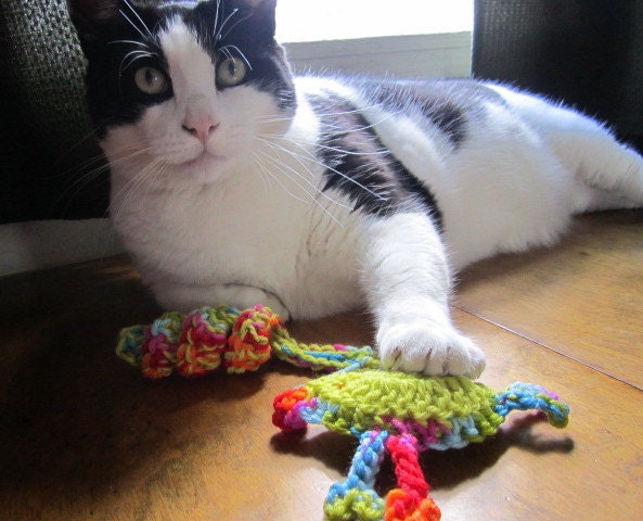 2 Cat Toys Hand Crocheted Bird and Squiggly Mouse Cats Love Them