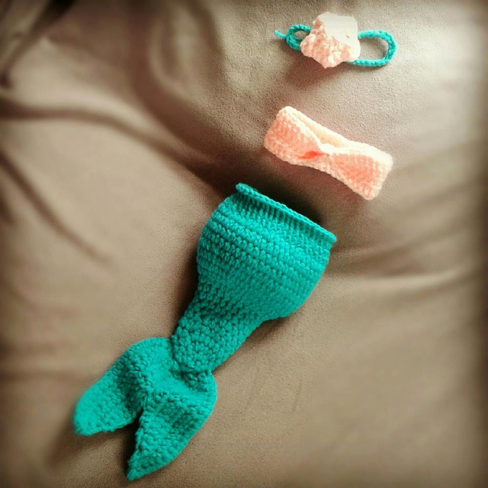 Crocheted Baby Mermaid Photo Shoot Prop with tail, bikini top and flower head-band
