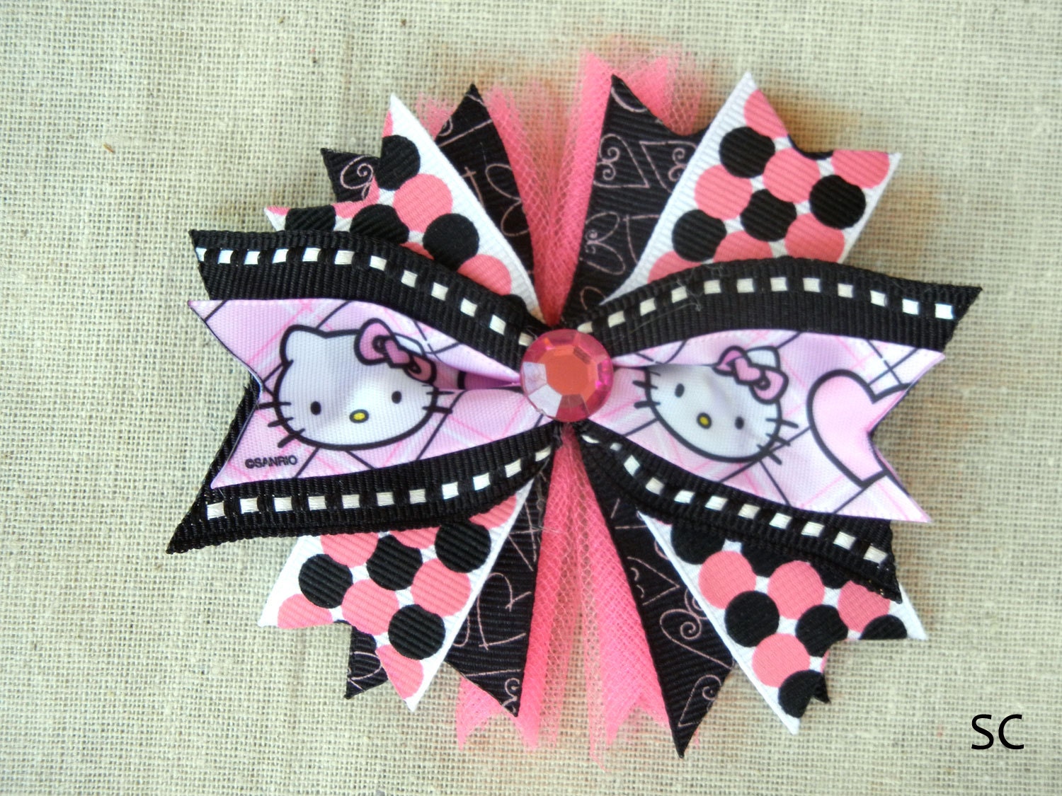 Girls Hello Kitty Ribbon Spike Bow Hair Clip with Tulle by Santeen Creations - Ready to Ship