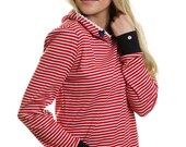 Womens red white striped nautical Pullover Hoodie "Ahoy Seenixe" with ankor button details - Handmade Long Sleeved Sweatshirt - Size XS-XL