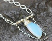 Teardrop opalite glass necklace with silver chain, wire wrapped necklace, unique art jewelry necklace