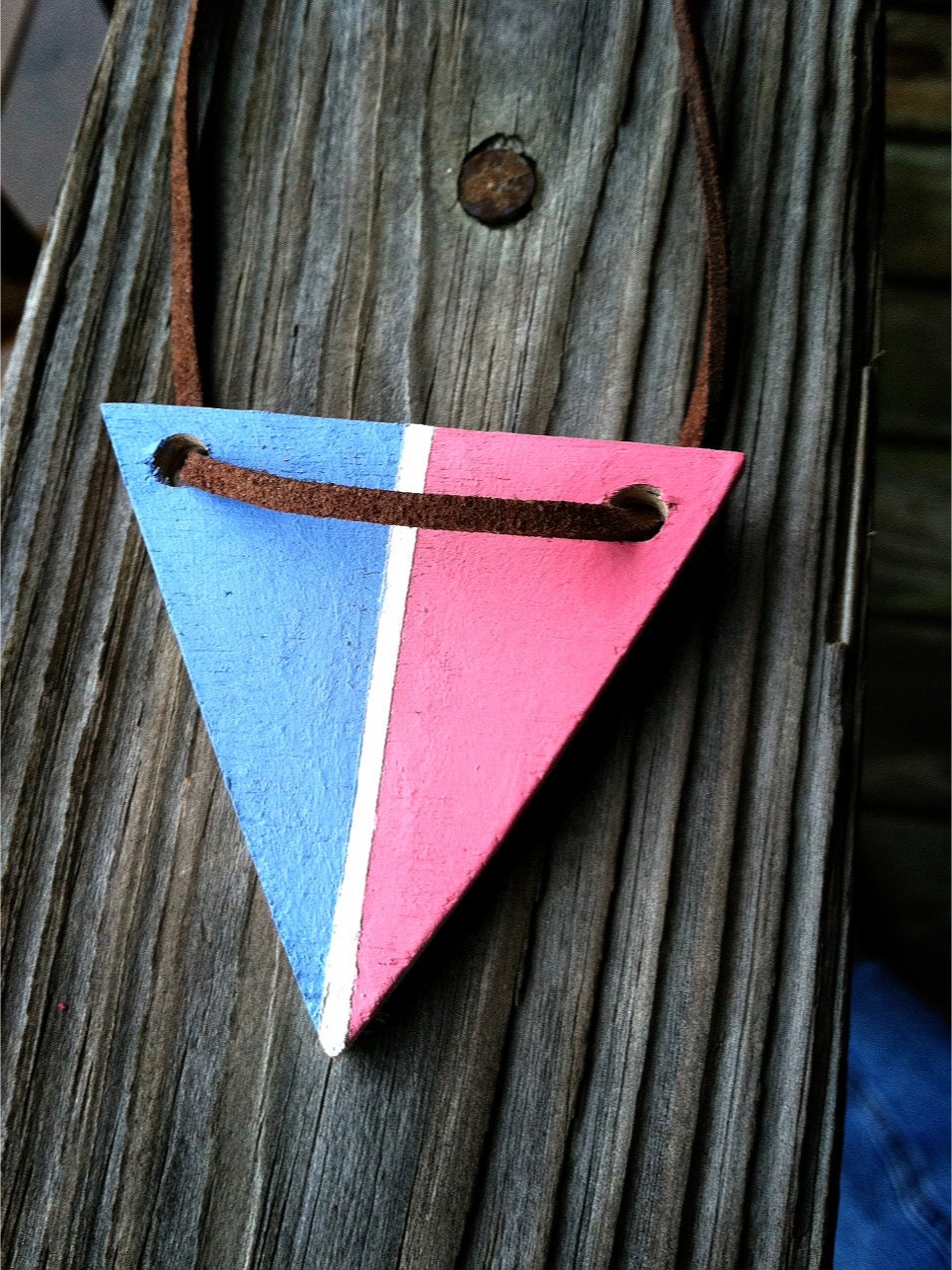 Wood Painted Geometric Triangle Necklace Coral