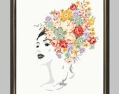 Girl in flowers - print on Fine art watercolor paper 8x10 inch.