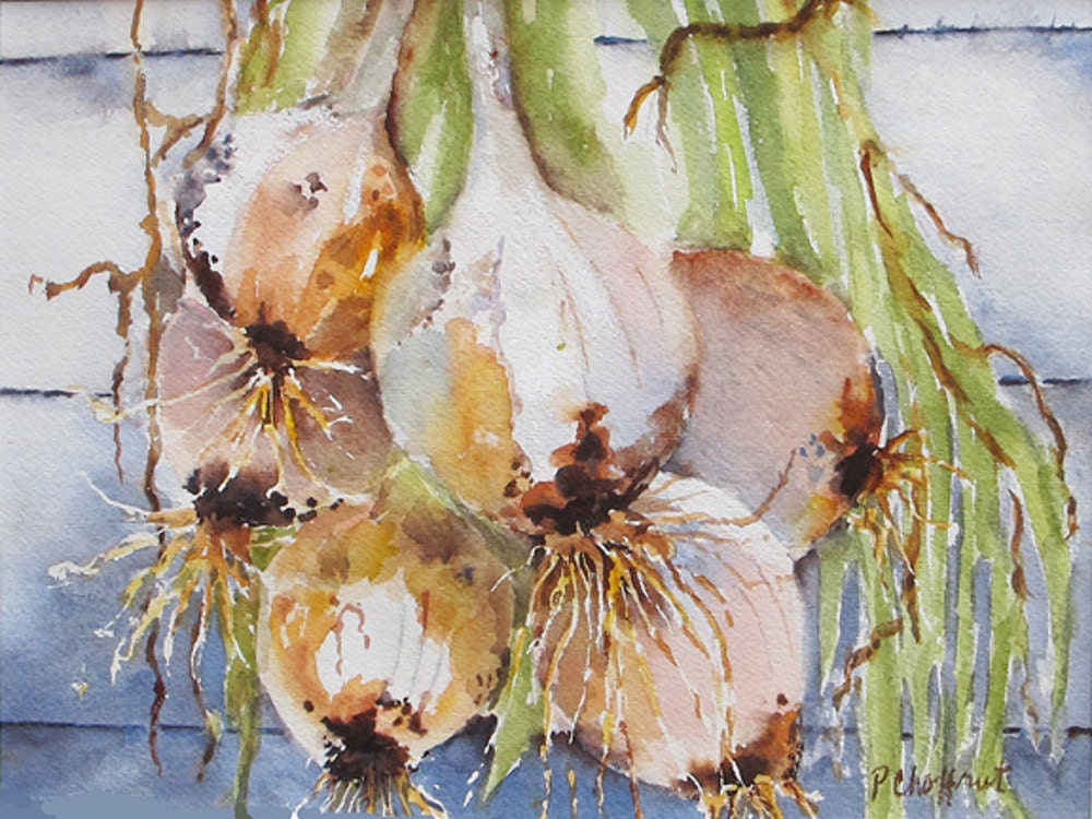 Vegetable food art Green Onions - Original Watercolor Painting Art Print salad vegetables garden