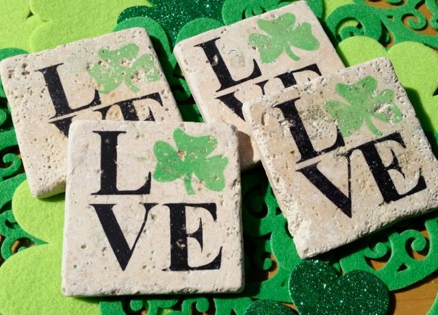 Natural Stone Coaster Set (4), Shamrock LOVE, Beer Coaster, Wine Coaster, St. Patrick's Day