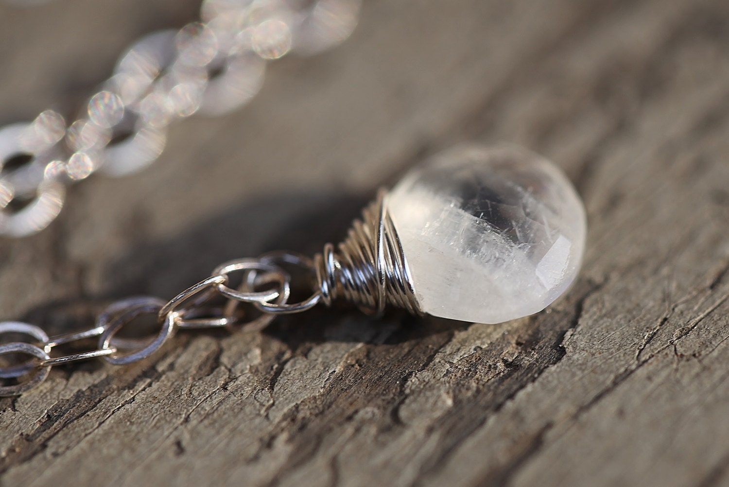 Clear Crystal Sterling Silver Necklace // Pendant, Briolette, Clear, Light, Aqua, Rocks // Wire wrapped, fairy tale, bridal, elegant