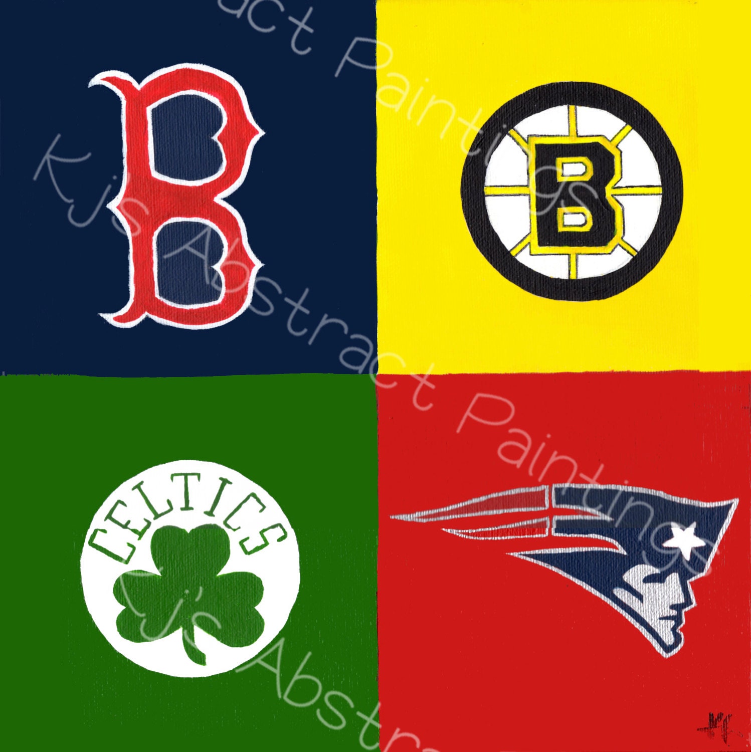 Boston Sports Painting with Red Sox, Bruins, Patriots, and Celtics Logos - 5 x 7 Print on Canvas