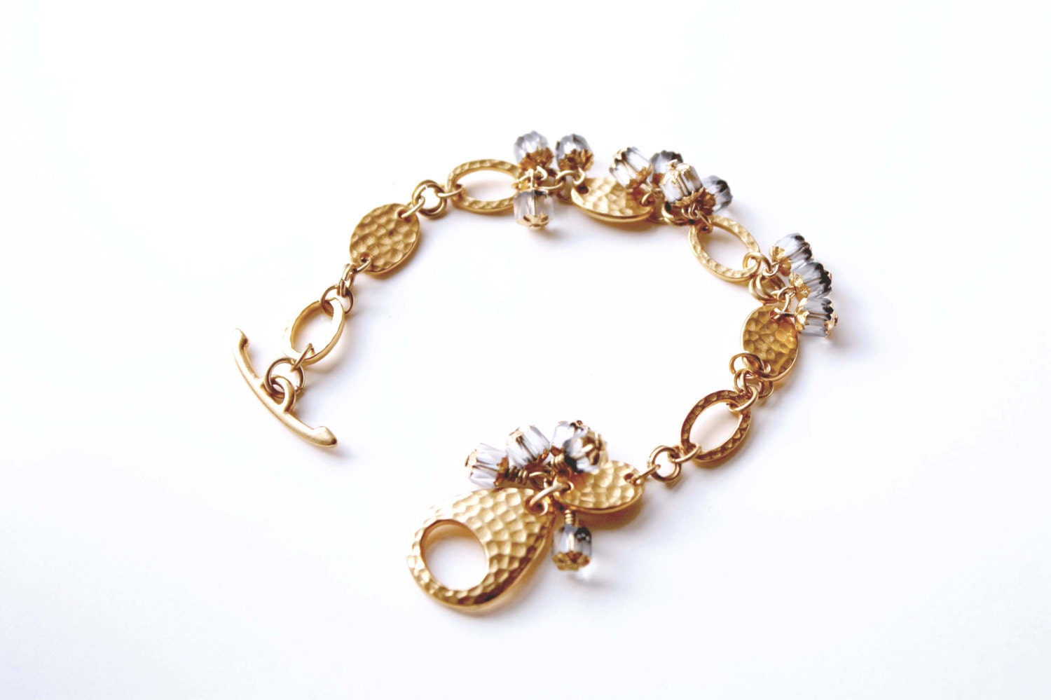 Bracelet -22K Gold Plated Hammered Links and Czech Cathedral Beads