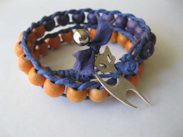 wood bracelet, charm bracelet, orange bracelet, wooden bangle, orange and blue bracelet, cat bracelet, unique bracelet, antique silver
