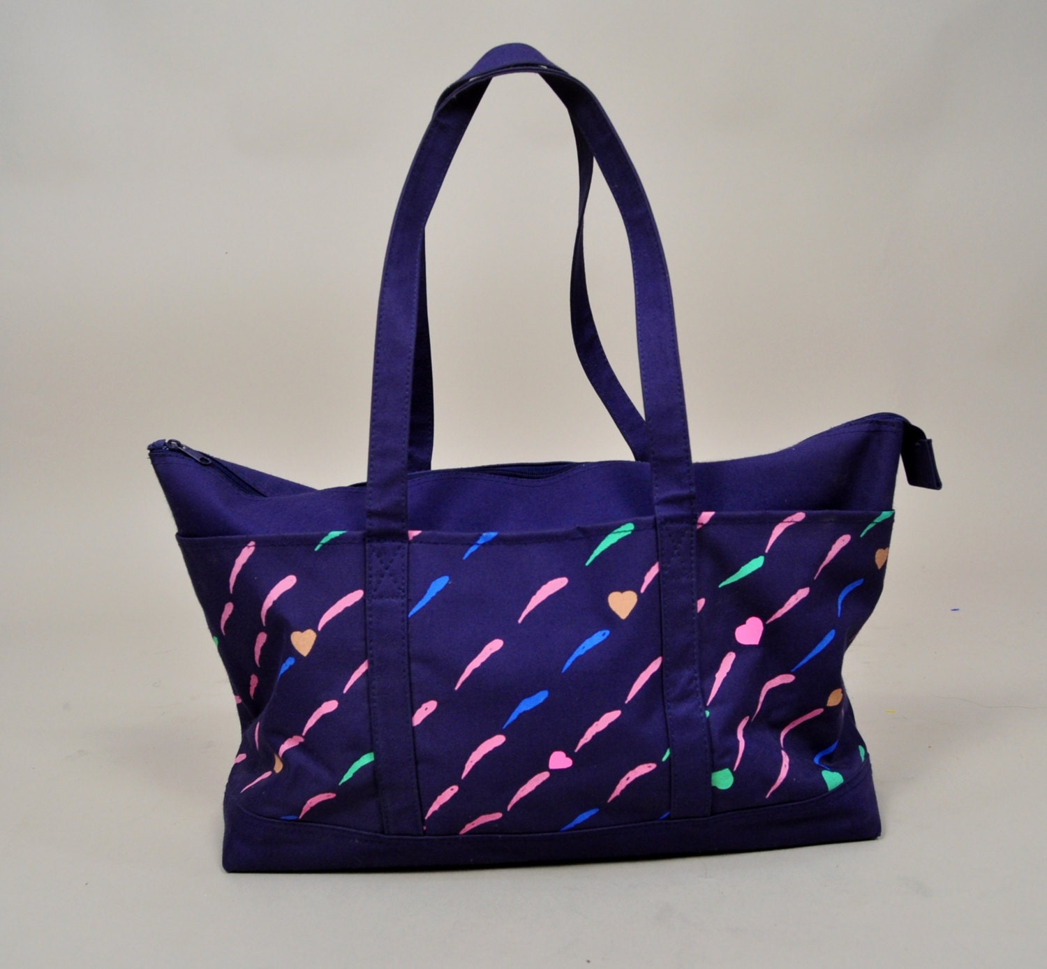VINTAGE 80s indigo canvas paintstrokes hearts pastel rainbow HUGE oversized weekender beach tote purse bag