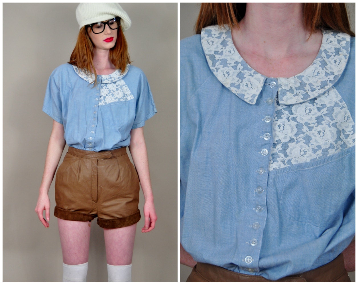 VINTAGE 80s blue chambray denim sheer white lace collar dolly lolita indie grunge boho blouse top