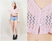 vintage 90s dusty pink sheer crochet knit mother of pearl buttons GRUNGE festival boho crop top